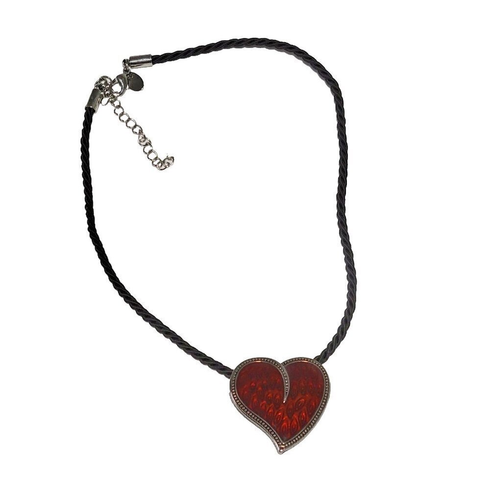 Lia Sophia Heart Pendant Necklace Silver Tone Black Cord Deep Red Enamel